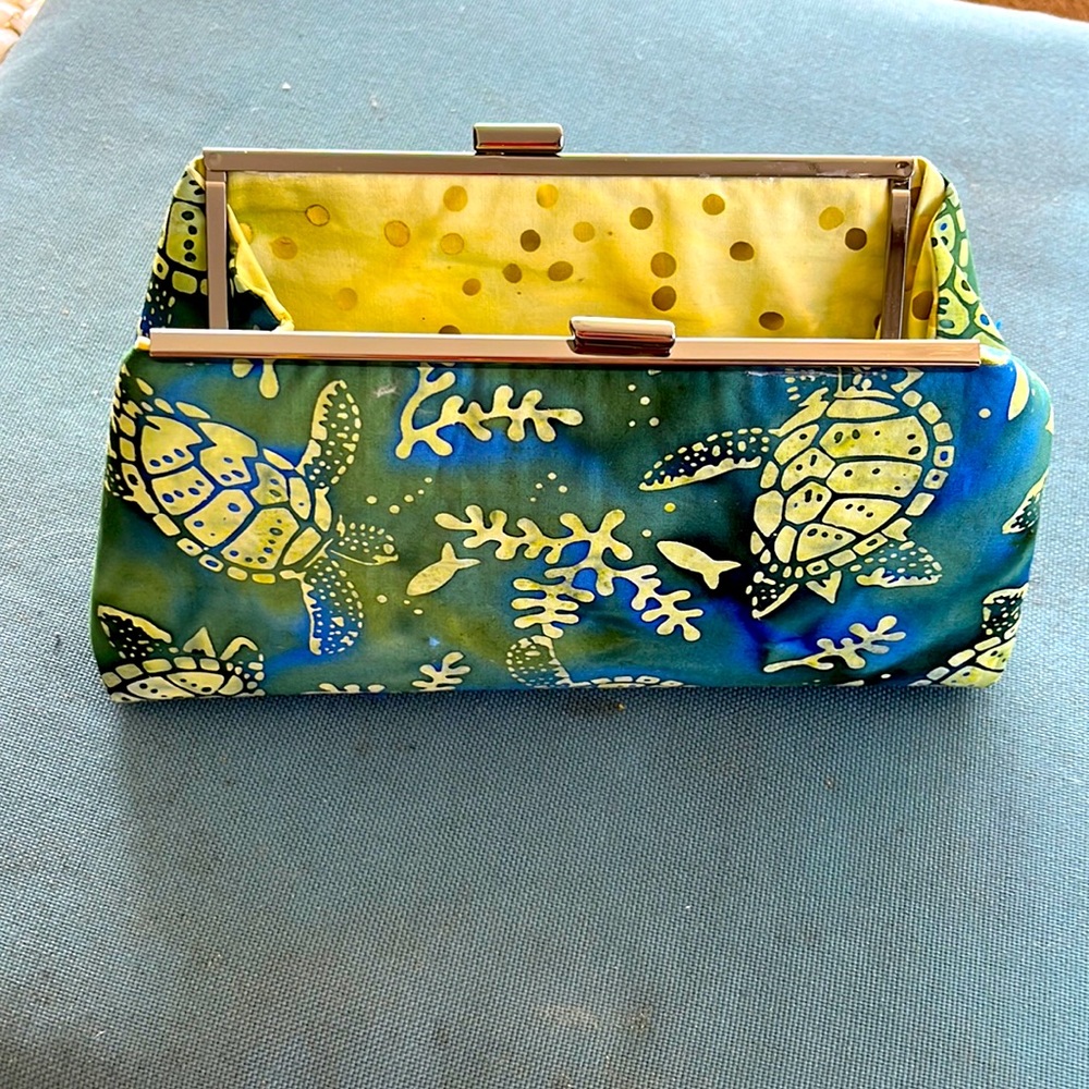 Handmade silk screen unique turtle clutch